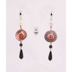 Silver earrings with pearls, onyx, agate of Botswana and jade