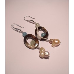 Silver earrings with baroque pearls, mother of pearl, angelite and prehnite