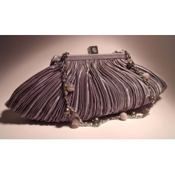 Gray satin clutch with pleated pattern with chain and gray pearls and agate