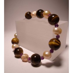 Bracelet with freshwater pearls, tiger eye and amethyst