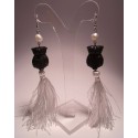 Earrings with resin owl, freshwater pearls and tassels of white silk