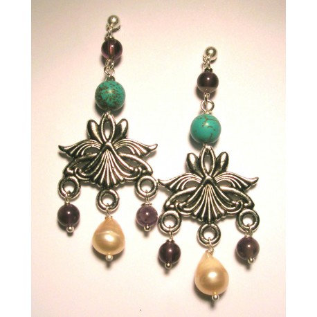 Chandelier earrings with pink freshwater pearls, amethyst and turquoise paste