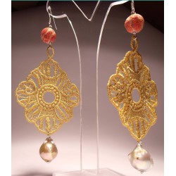 Silver earrings with pearls, madrepora and LineaErre embroidery