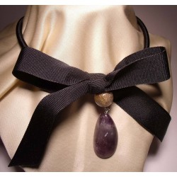 Satin necklace with a grosgrain black bow with amethyst and rutilated quartz