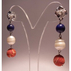 Earrings with pearls, madrepora and lapis lazuli