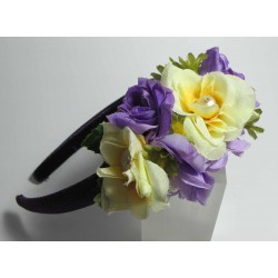 Headband in purple satin with silk flower and freshwater pearls