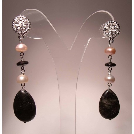 Earrings with pearls, astrophyllite and hematite