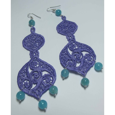 Silver chandelier earrings with embroidery and angelite