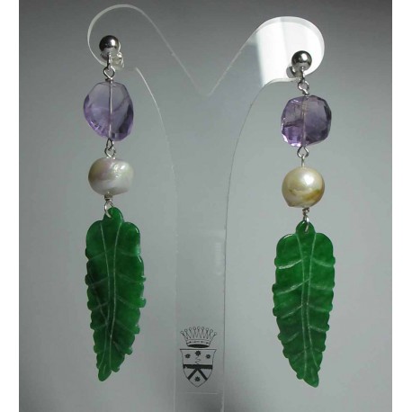 Silver earrings with jade, pearls and amethyst