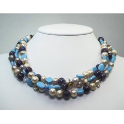 Multi strand necklace with pearls, amethyst, turquoise and Svarovski crystal