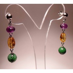 Silver earrings with amethyst, citrine quartz and rubizoisite