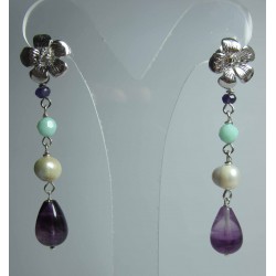 Silver earrings with fluorite, amethyst, Swarovski crystal and pearls