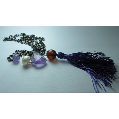 Long necklace with pearl, amethyst, agate, ametrine and tassel 