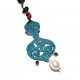 Collana lunga con perle grigie, ematite e finali in ricamo color ottanio, corallo e perle bianche