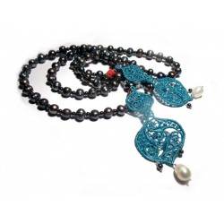 Long necklace with pearls, hematite, embroidery teal, coral and pearls