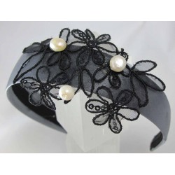 Gray silk headband with embroidery and pearls