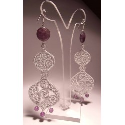 Silver earrings with amethyst and Lineaerre embroidery