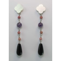 Silver earrings with onyx, amethyst and rhodonite