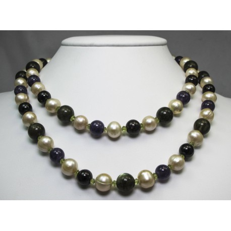 Long necklace with pearls, amethyst, labradorite, garnet and peridot