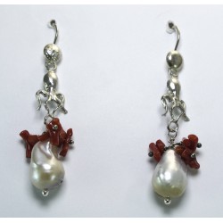 Silver earrings with pearls and coral