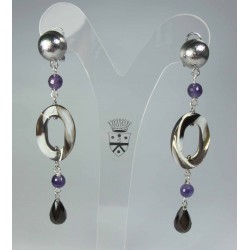 Earrings with mother of pearl, amethyst and smoky quartz