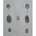 Brass earrings with kyanite, fluorite and pearls