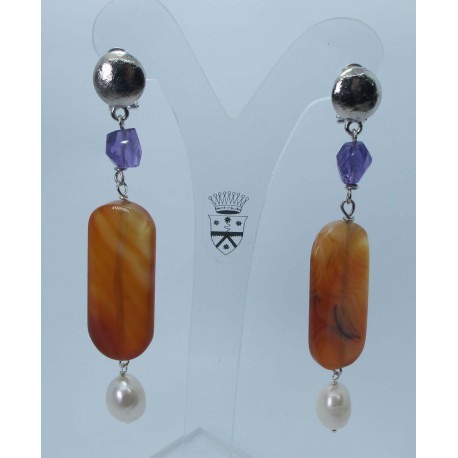 Brass earrings with carnelian, pearls and amethyst