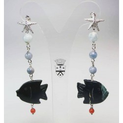 Silver earrings with aquamarine, green jasper and red coral