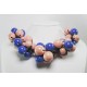 Necklace in cotton with "grapes" of blue and pink ceramic