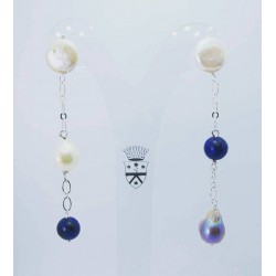 Earrings with baroque pearls, lapis lazuli and aluminium chain
