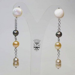 Earrings with white, grey and pink pearls and chain