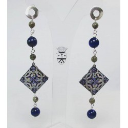 Silver earrings with enamelled lava lapilli, lapis lazuli and labradorite