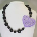 Necklace with lava stone, fluorite and a large enamelled heart