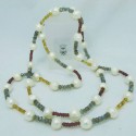 Long necklace with pearls, labradorite, rhodolite and citrine quartz