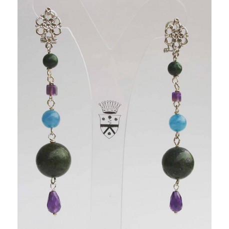 Rhodium plated brass earrings with african jade, angelite and amethyst