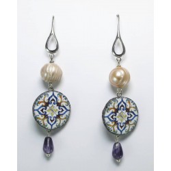 Silver earrings with pearls, lava lapilli and amethyst
