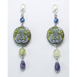 Silver earrings with lava lapilli, prehnite, kyanite and amethyst