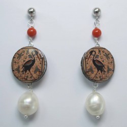Silver earrings with lava lapilli, coral and pearls