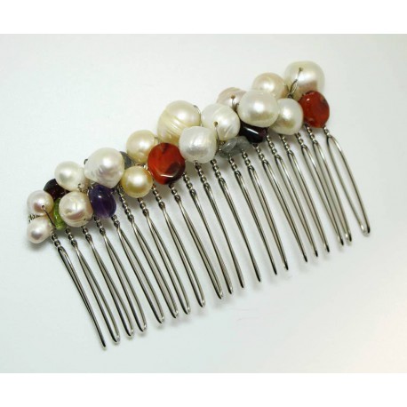 Hair comb with pearls and semi-precious stones