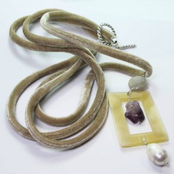 Multistrand velvet necklace with labradorite, carved bone, rough amethyst and pearl