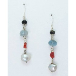 Silver earrings with aquamarine, red coral, gray keshi pearls and onyx