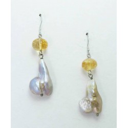 Silver earrings with baroque pearls and citrine quartz