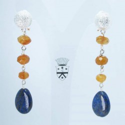 Brass earrings with lapis lazuli and carnelian
