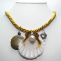 Gold silk necklace with shell, baroque pearl, jasper, amethyst and Swarovski crystal
