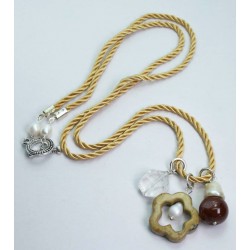 Champagne silk necklace with jasper, baroque pearls, rocky quartz and carnelian