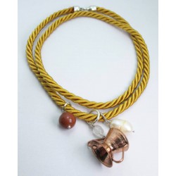 Gold silk necklace with baroque pearl, grey quartz, copper conca and red jasper