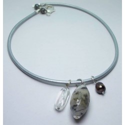 Silver genuine leather necklace with peacock pearls, rutilated quartz and rocky crystal