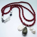 Red silk necklace with white jasper, serpentine and baroque pearl