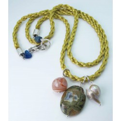 Gold silk necklace with rhyolite, agate and baroque pearl