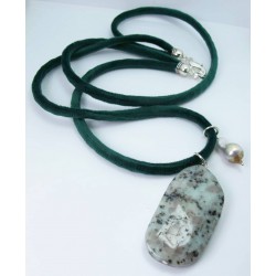 Green velvet two strand necklace with baroque pearl and green jasper
